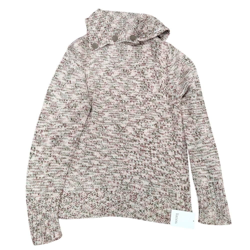 NWT Liz & Co Womens XL Pink‎ Brown Marled Button Cowl Neck Chunky Knit Sweater